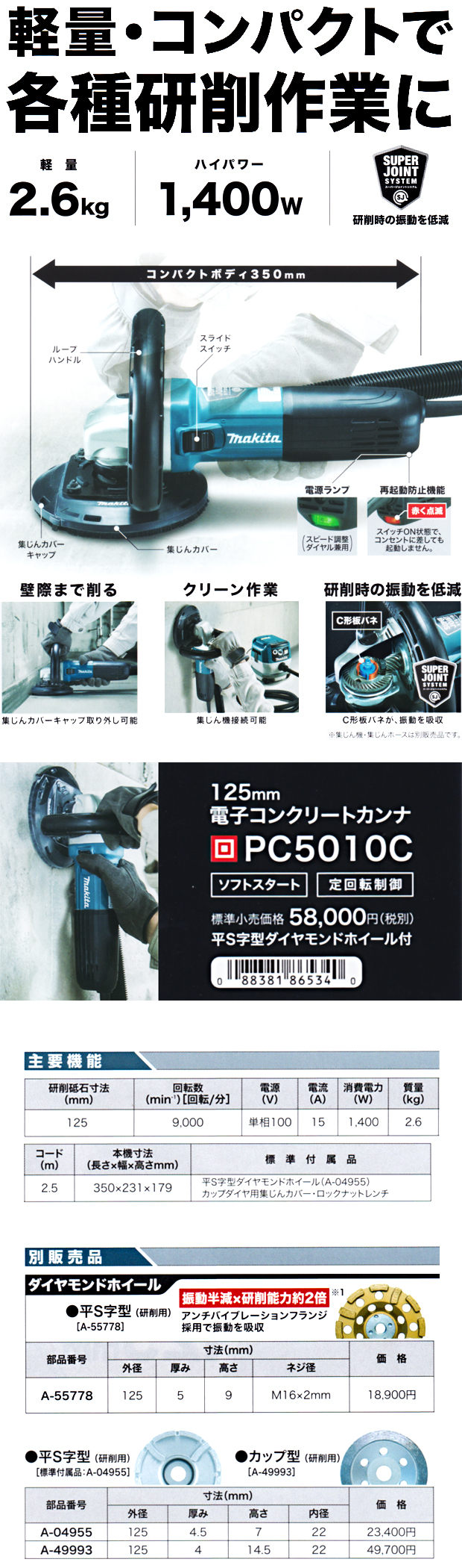高品質 kn83マキタ Makita 電子コンクリートカンナ 125mm PC5001C
