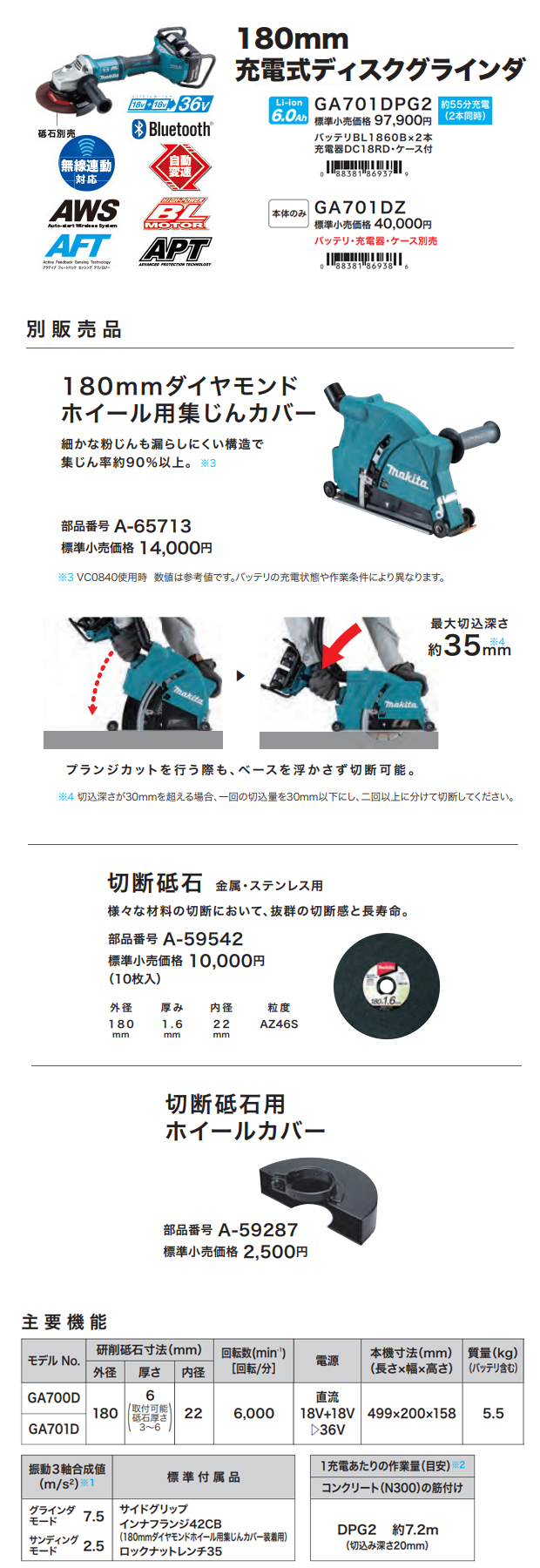 マキタ 180mm 充電式ディスクグラインダ GA701D 電動工具・エアー工具
