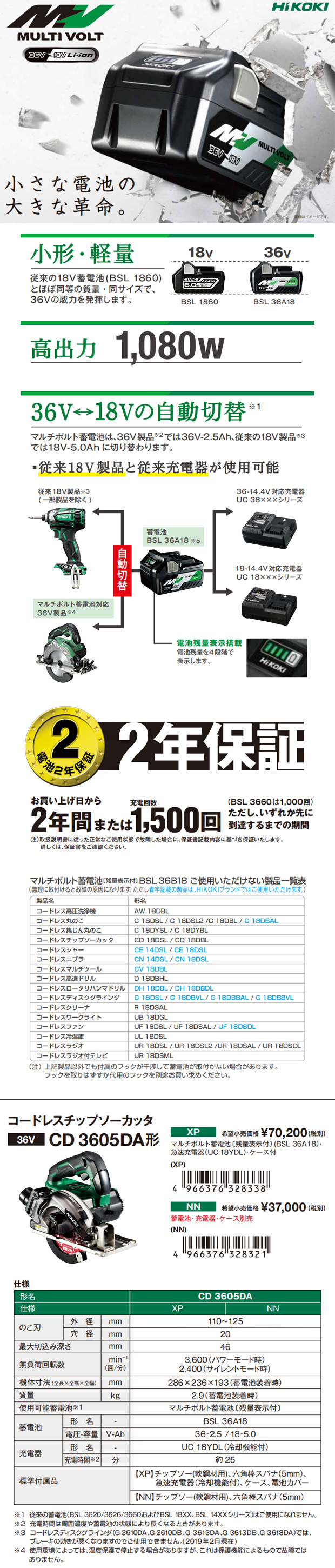 HiKOKI(ハイコーキ) (ハイコーキ) コードレスチップソーカッター マルチボルトシリーズ CD3605DA(XP) - 1