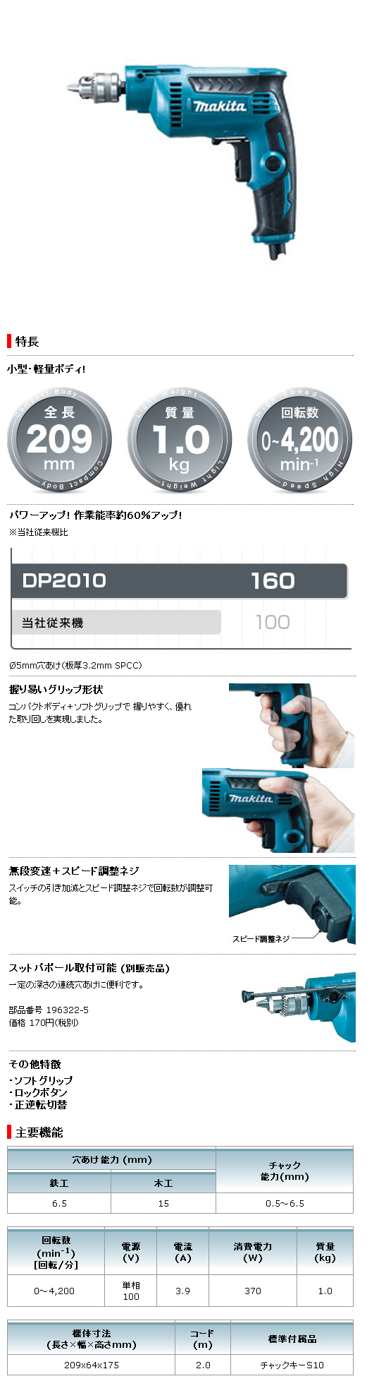 マキタ 6.5mm 高速ドリル DP2010 電動工具・エアー工具・大工道具（電動工具＞電気ドリル（小型6.5mm））