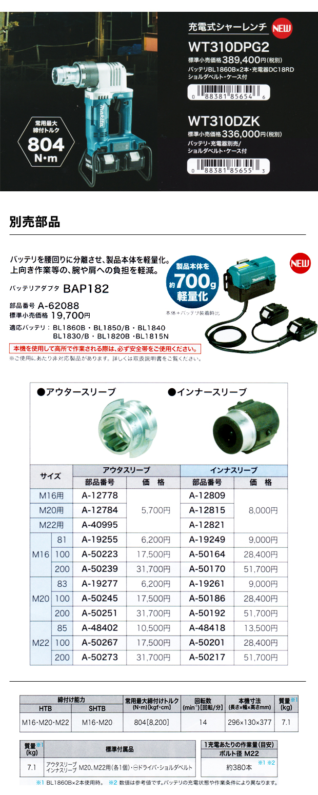 マキタ 充電式シャーレンチ WT310DPG2/DZK 電動工具・エアー工具・大工道具（マキタ充電シリーズ＞マキタ36Vシリーズ）