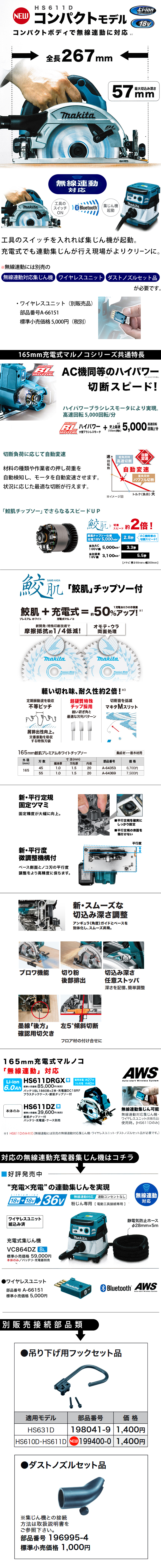 マキタ 165mm 充電式マルノコ HS611D【無線連動対応コンパクトモデル】