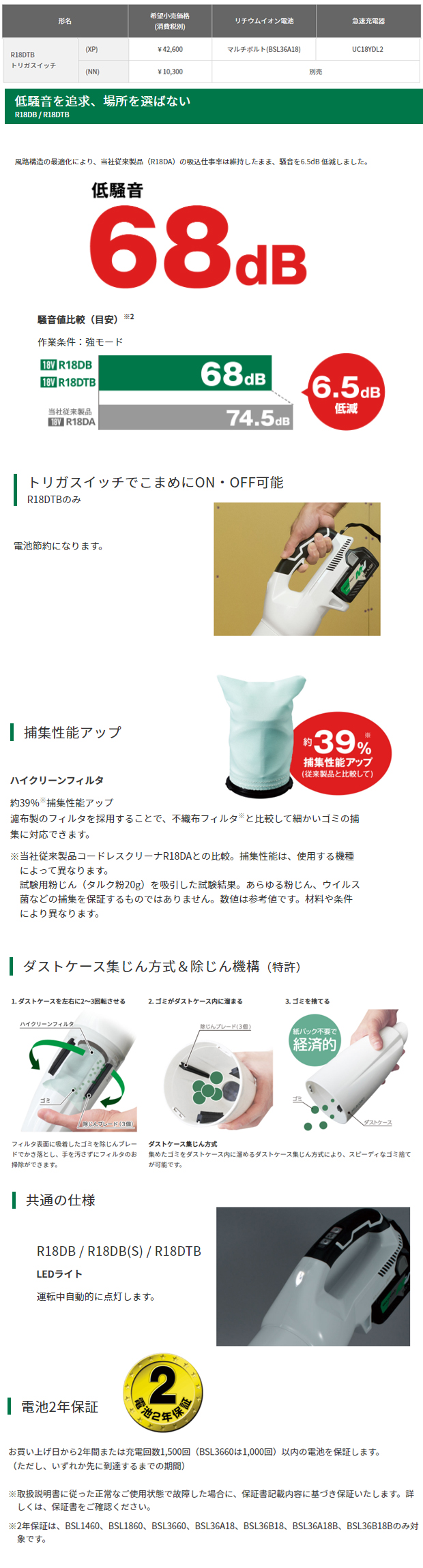 Hikoki 18Vコードレスクリーナ R18DTBトリガスイッチ